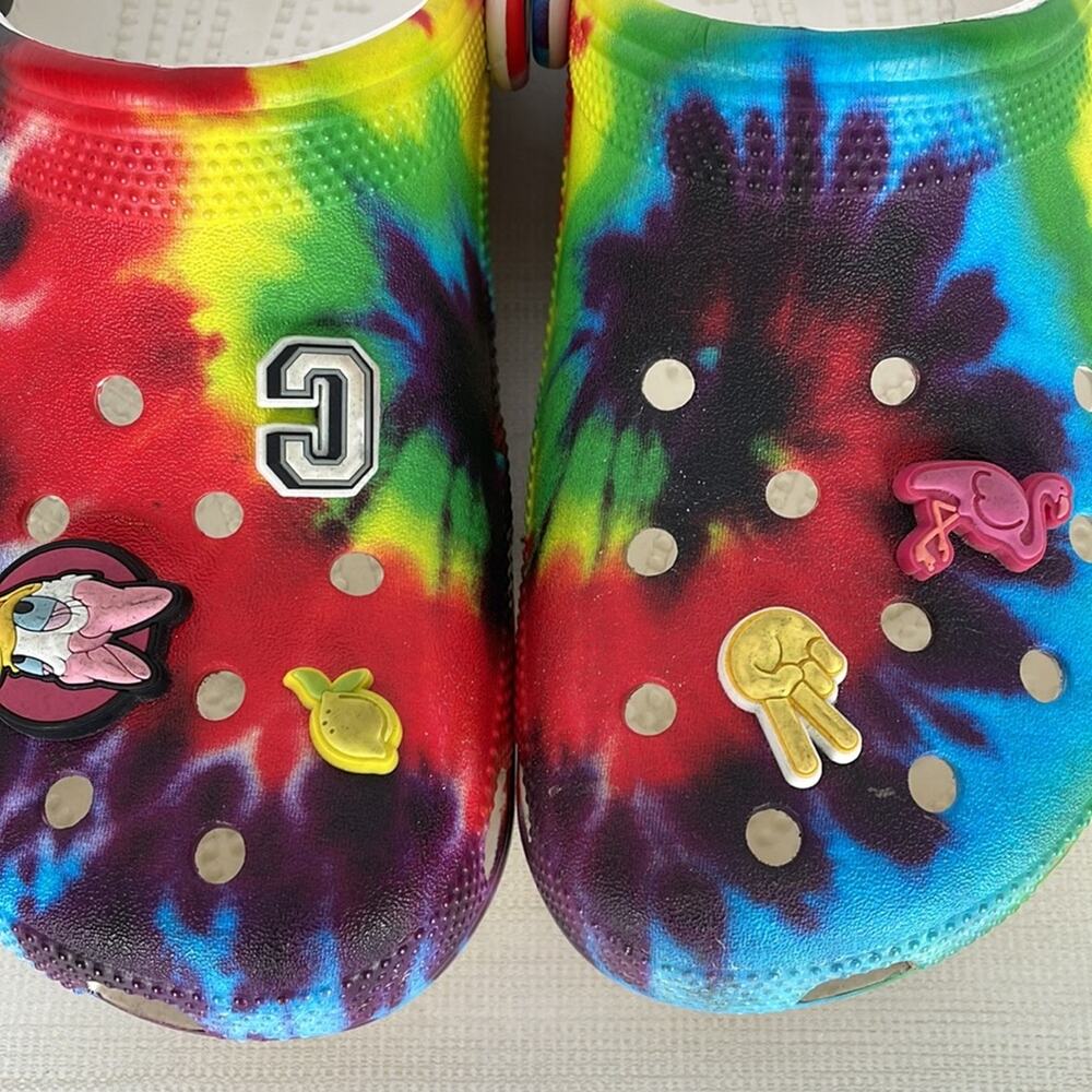 CROCS multicolor unisex slide on clogs with some charms Size Women 9 men 7 - Picture 3 of 11